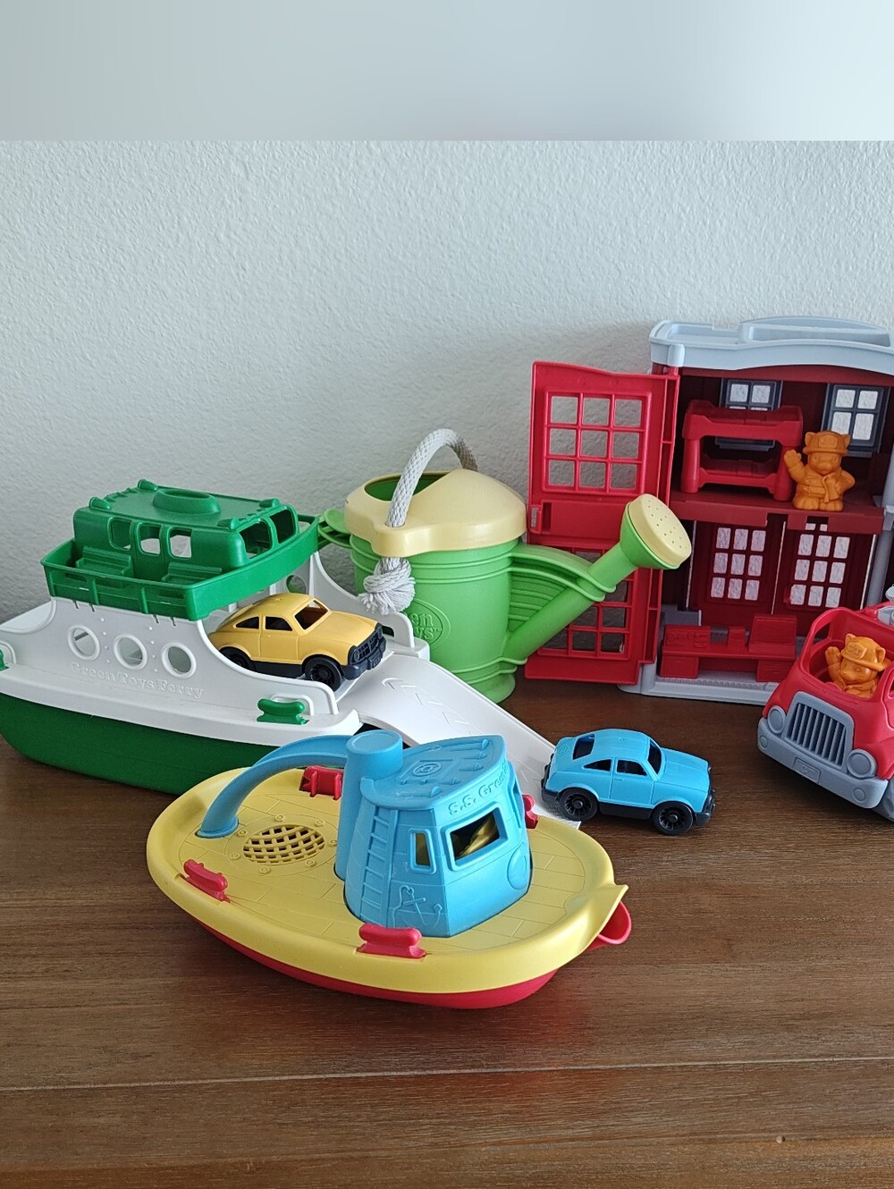 Green Toys Bundle - Firehouse, Firetruck, Boats, Cars, Watering Can